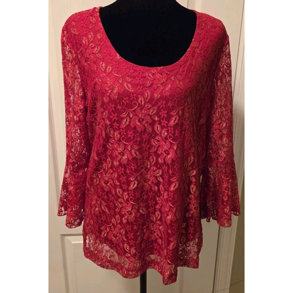 Cato Womens Red Floral Lace Pullover Blouse w/ Scoop Neck & Bell Sleeves -Size L